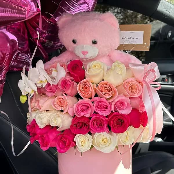 Pink Rose box with Teddy Bear