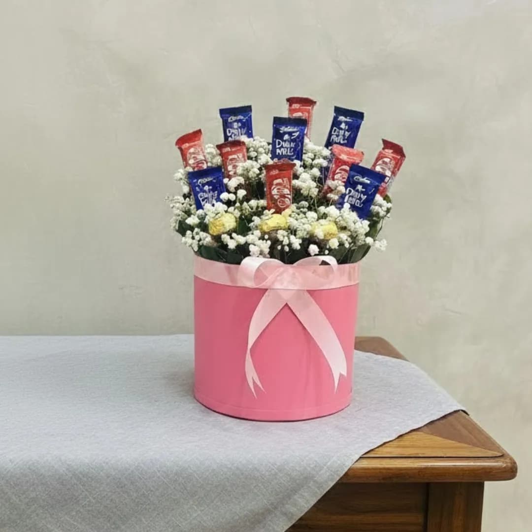 Elegant Harmony Premium Mixed Flower Basket & Round Pink Chocolate Box Combo