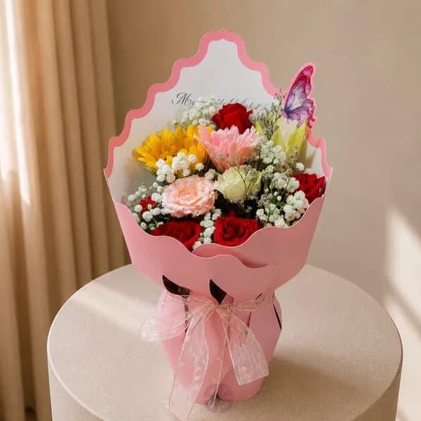 Premium Mixed Fresh Flower Butterfly Bouquet in Pink Crown Wrap