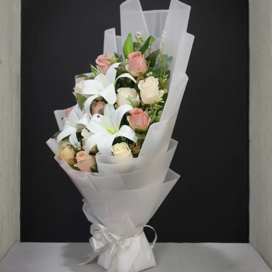 Classic Harmony Artificial White Lily and Pink Rose Stand Bouquet