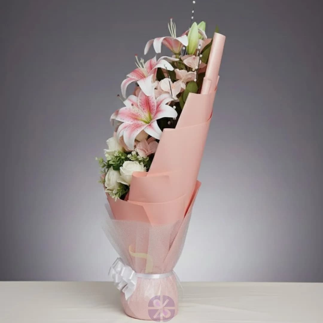 Artificial White Rose, Pink Lily & Orchid Stand Bouquet