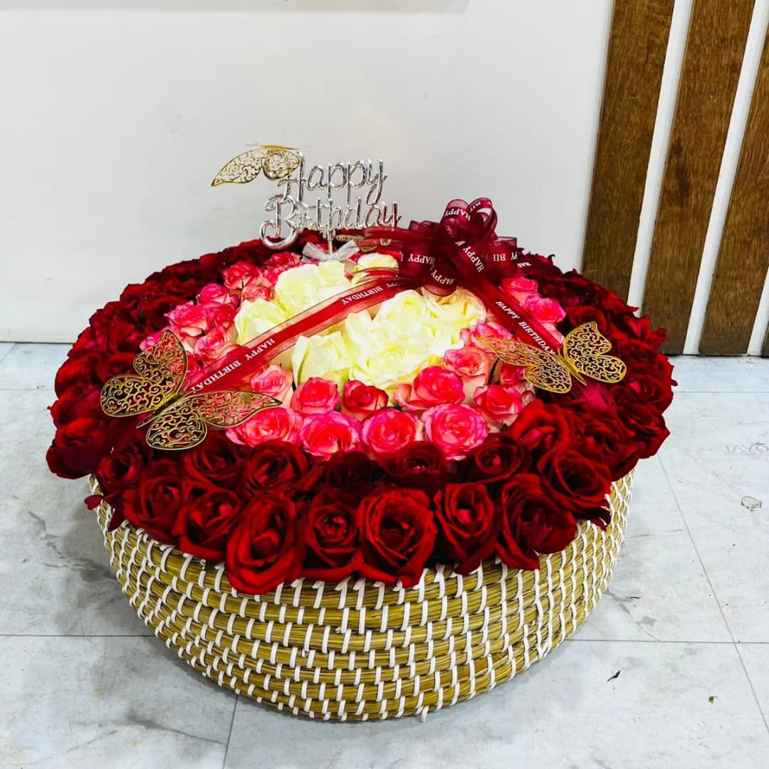 Premium Red, Shade Pink & White Rose Round Basket