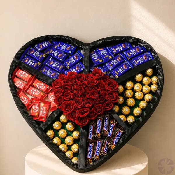 Premium Red Rose & Mixed Chocolate Heart Shape Gift Box