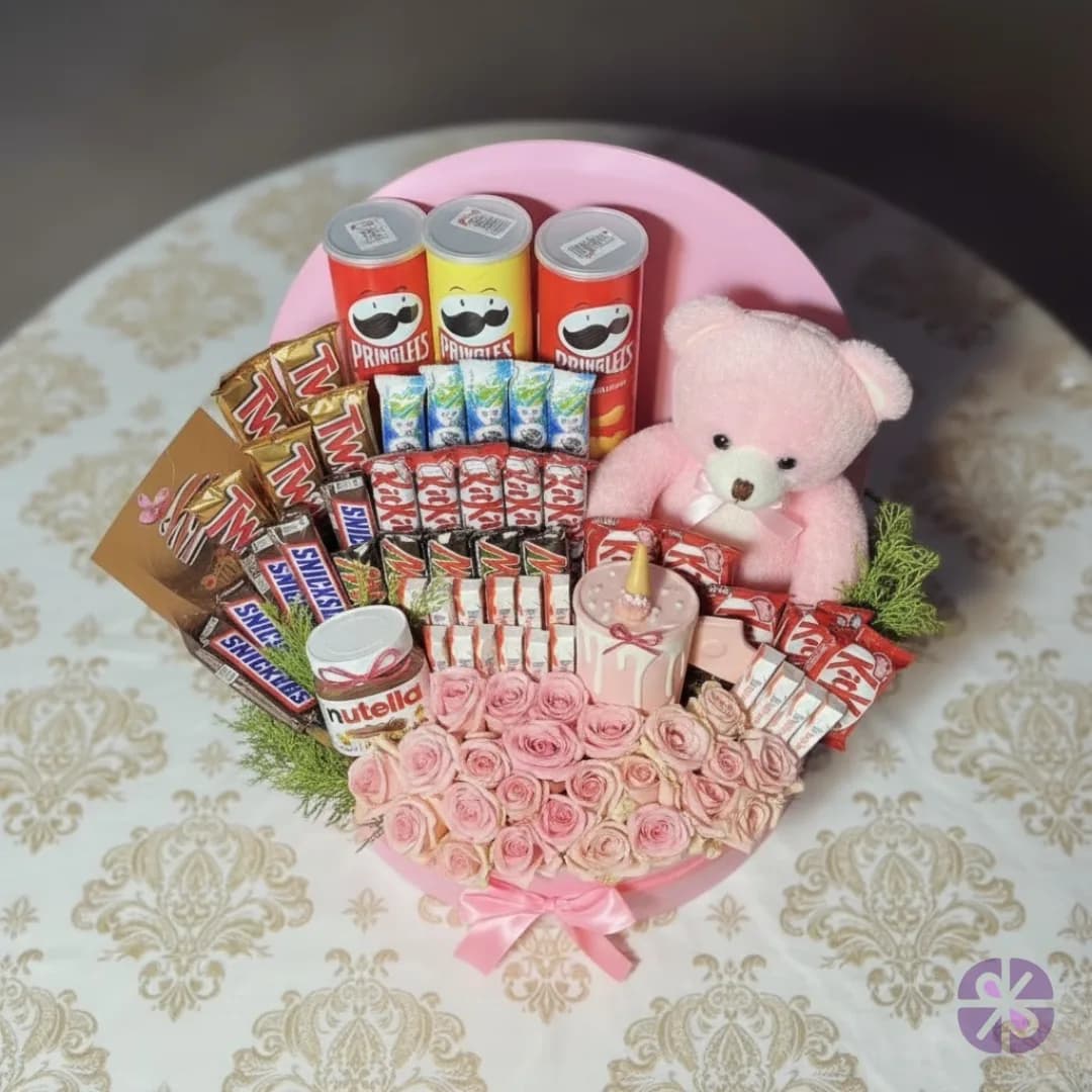 Pink Perfection Elegent Roses, Chocolates, and Teddy Gift Box