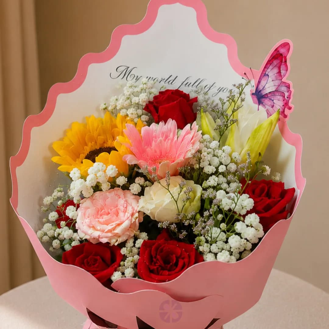 Premium Mixed Fresh Flower Butterfly Bouquet in Pink Crown Wrap