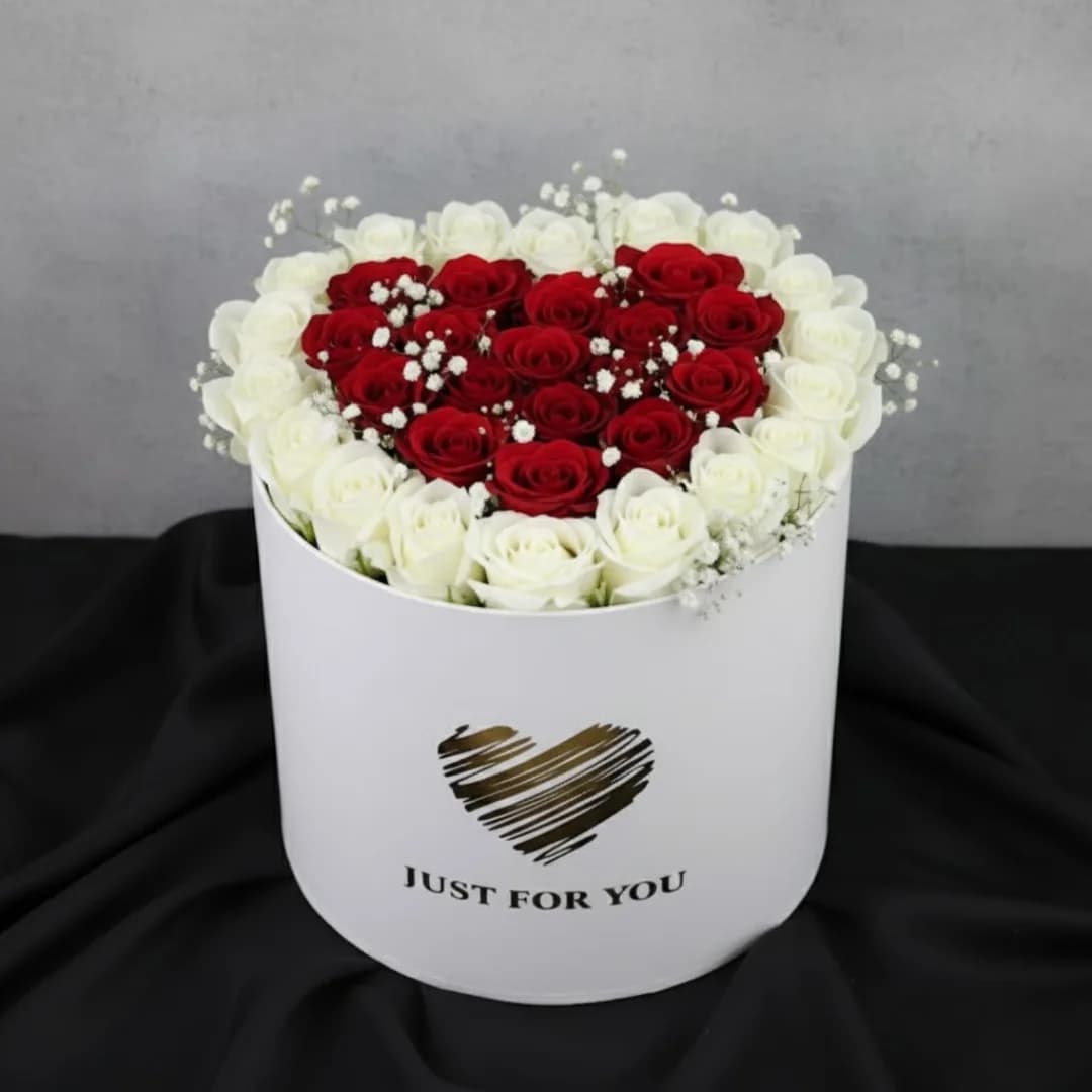 Elegent Red & White Rose Heart Arrangement in "Just For You" Round Box
