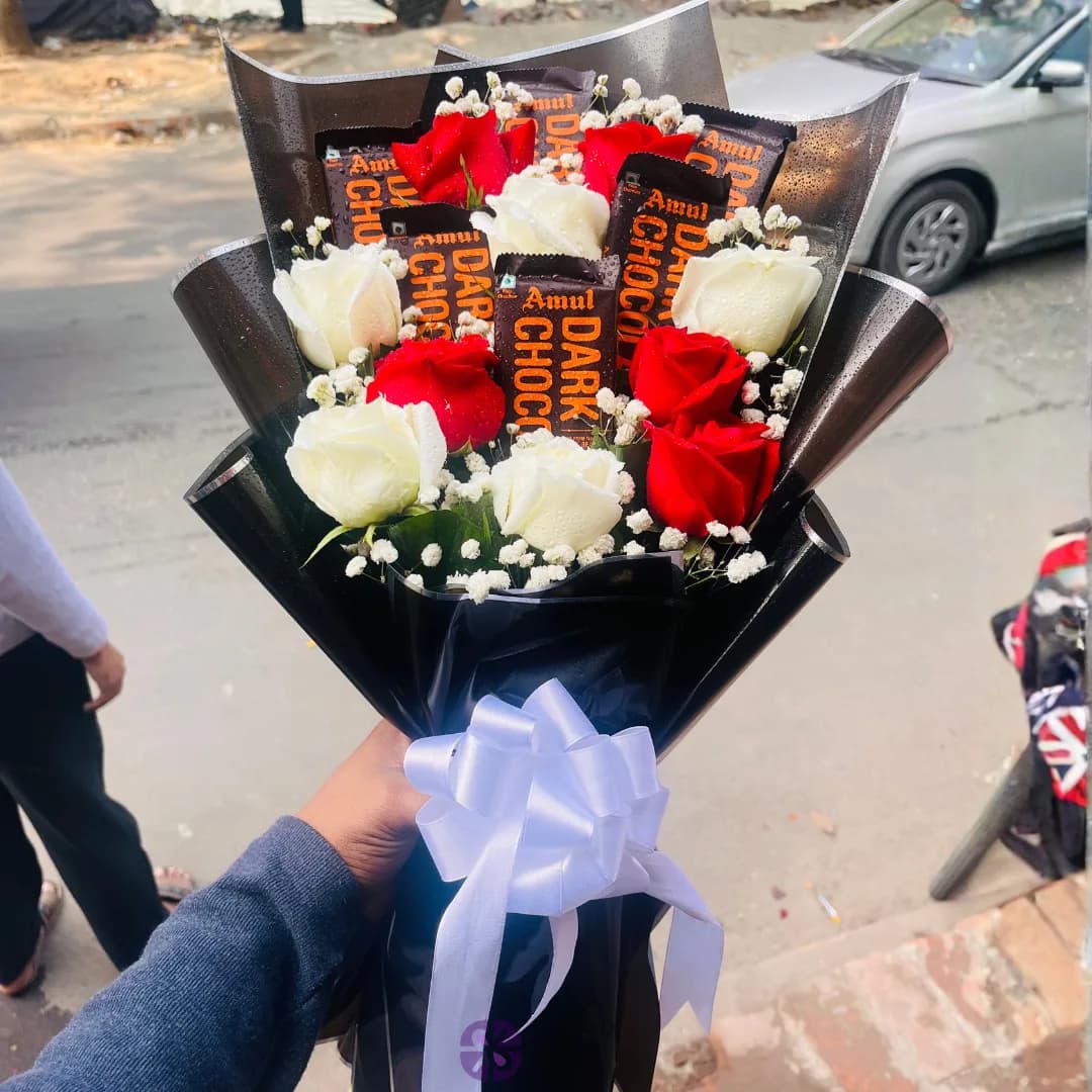 Premium 6 Amul Dark Chocolate and 10 Red & White Rose Fusion Bouquet