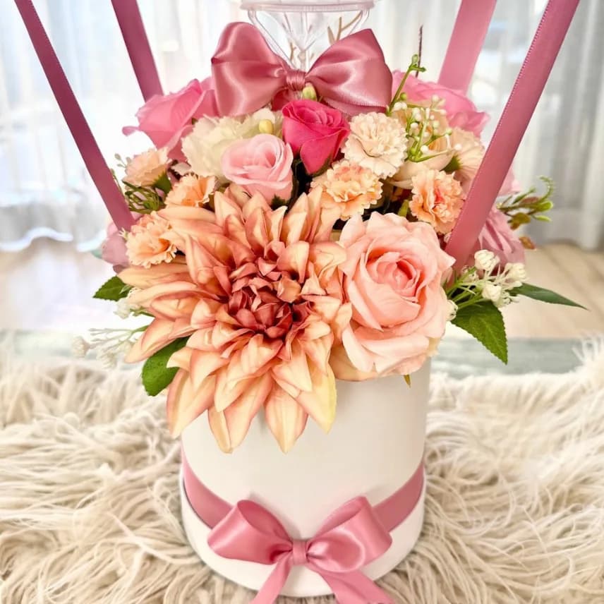 Welcome Home Balloon Flower Hamper – Personalized Pink Hot Air Balloon Gift with Silk Flowers