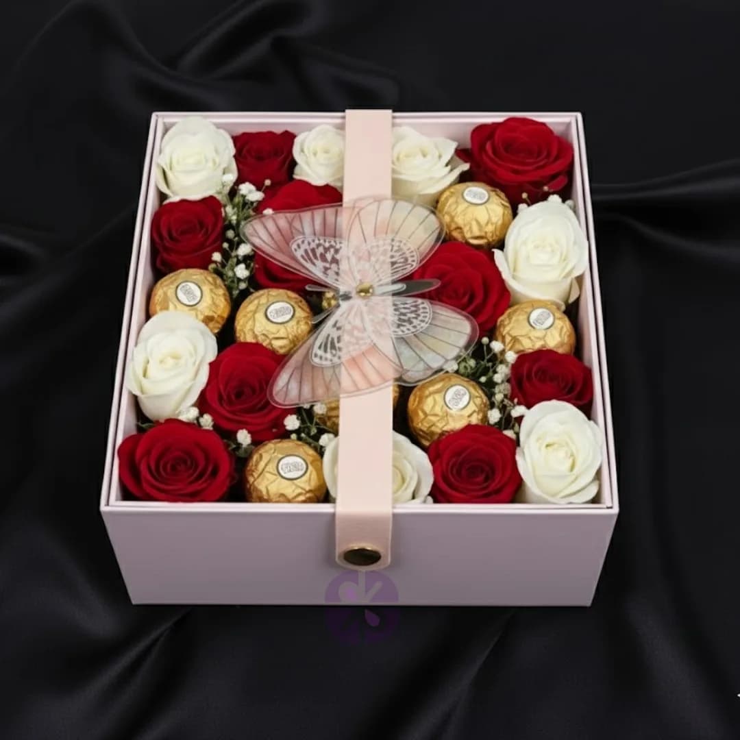 Red and White Rose with Ferrero Rocher in Luxury Pink Butterfly Box
