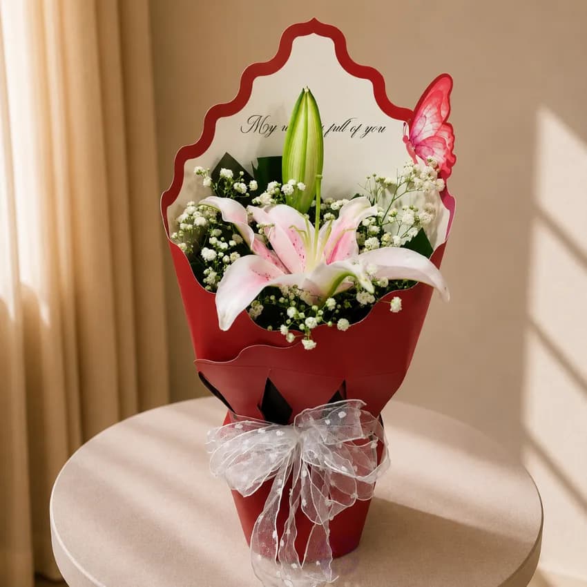 Premium Fresh Single Lily Butterfly Bouquet