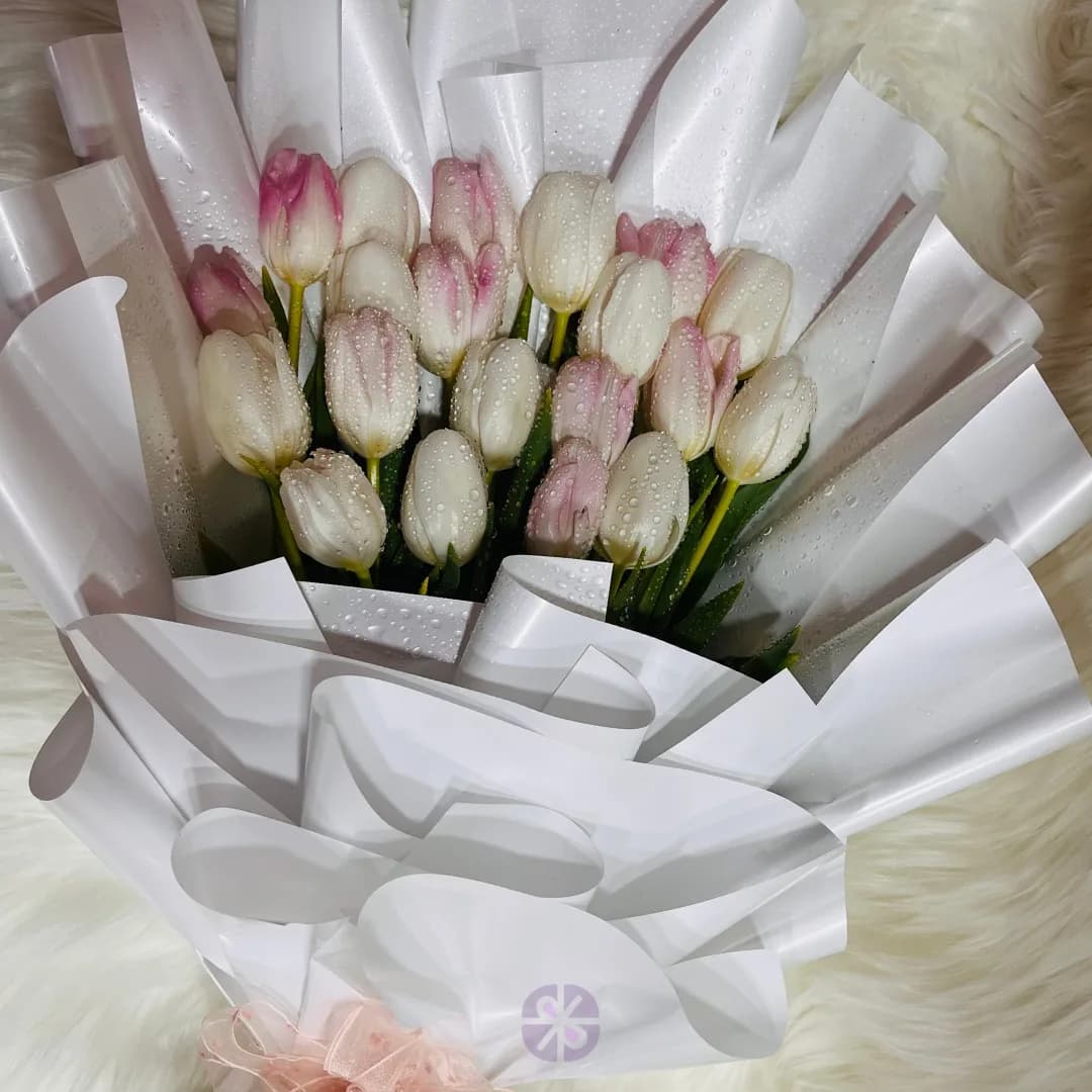 Luxury 20 Fresh White and Baby Pink Tulip Hand Bouquet