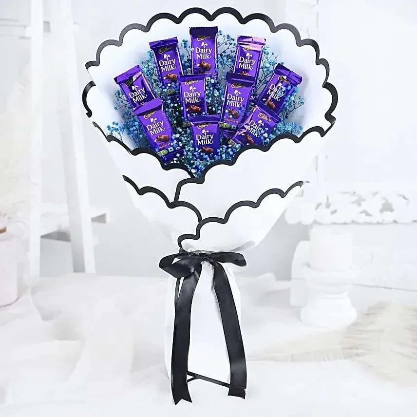 Elegant Dairy Milk Chocolate Bouquet with White Wrap & Gypsy Flowers