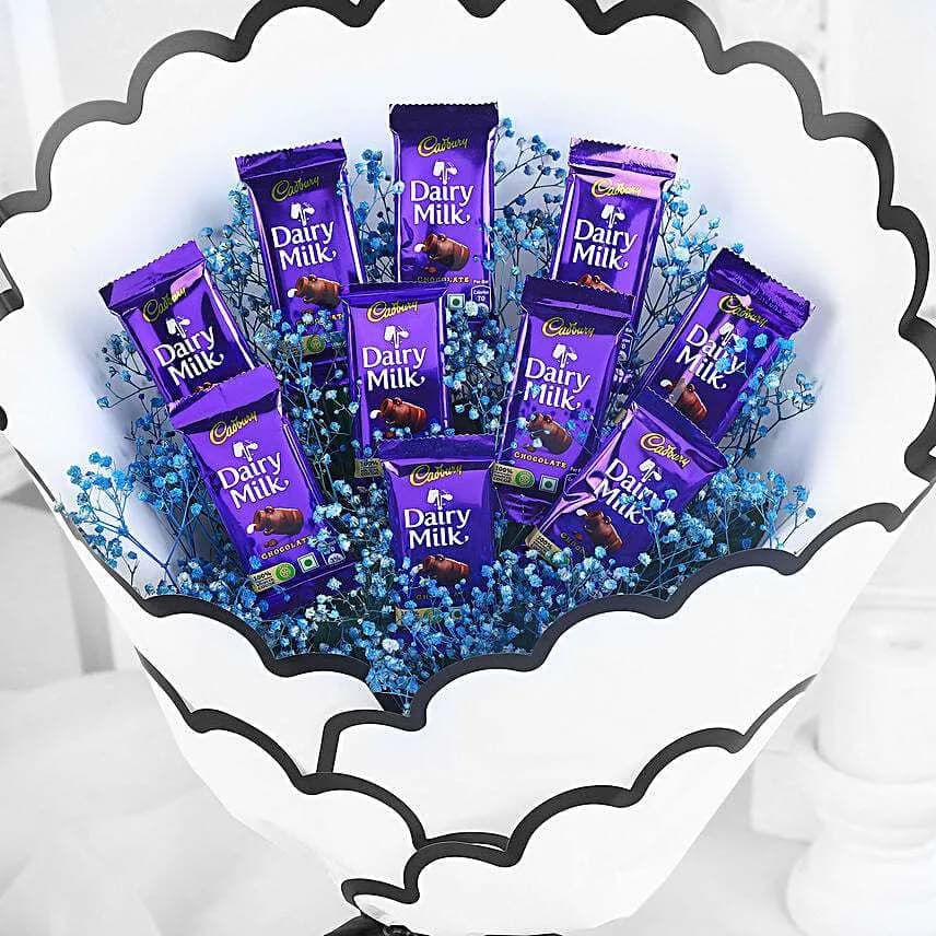 Elegant Dairy Milk Chocolate Bouquet with White Wrap & Gypsy Flowers