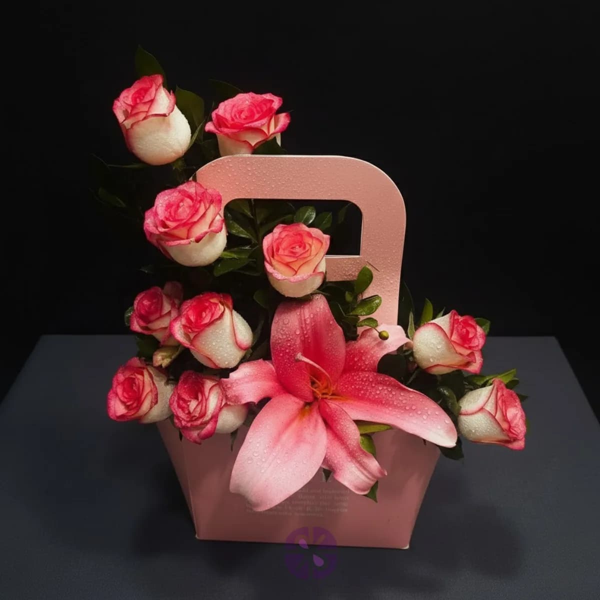 Charming Pink Flower Bag with Shaded Roses & Chinese Pink Lily