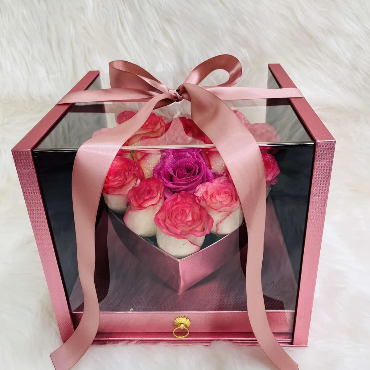 Pink Rose Heart in Luxury Acrylic Window Box with Hidden Ferrero Drawer
