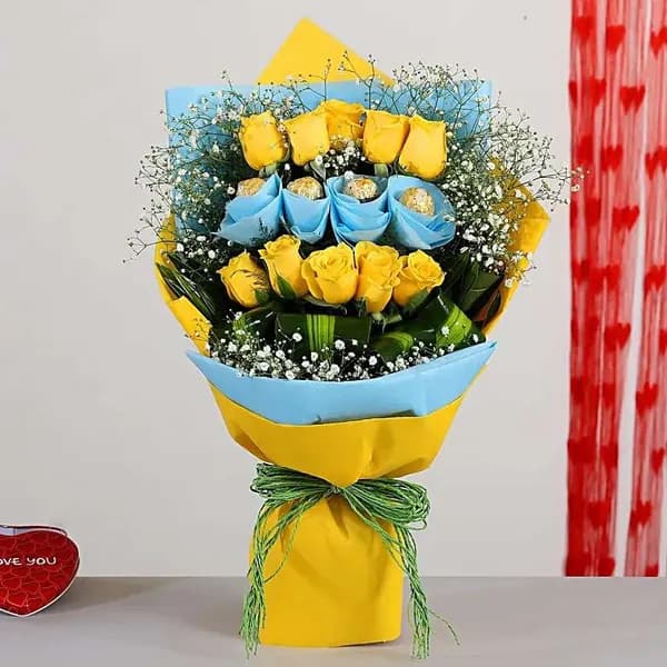Bright Yellow Roses & Ferrero Rocher Chocolate Bouquet