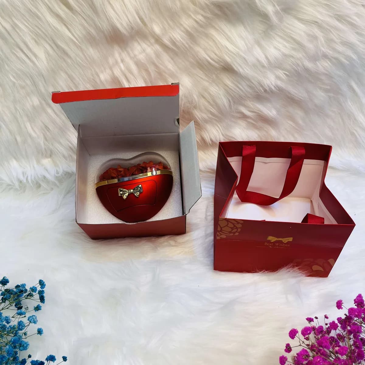 Heart-Shaped Jewelry Box with Preserved Dry Red Roses & Gift Bag