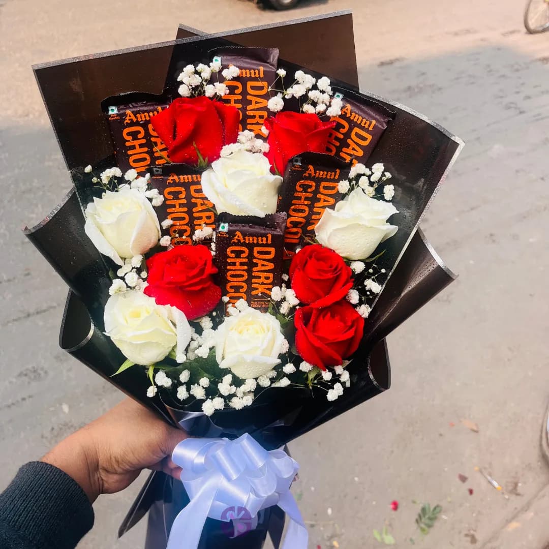 Premium 6 Amul Dark Chocolate and 10 Red & White Rose Fusion Bouquet