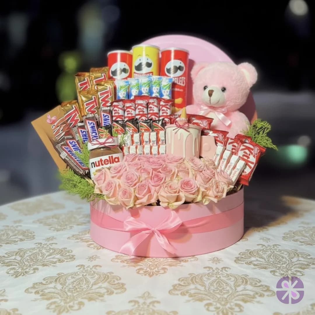 Pink Perfection Elegent Roses, Chocolates, and Teddy Gift Box