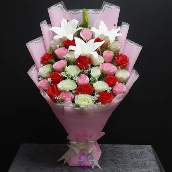 Grand Symphony Artificial Multi-Color Rose & Lily Stand Bouquet