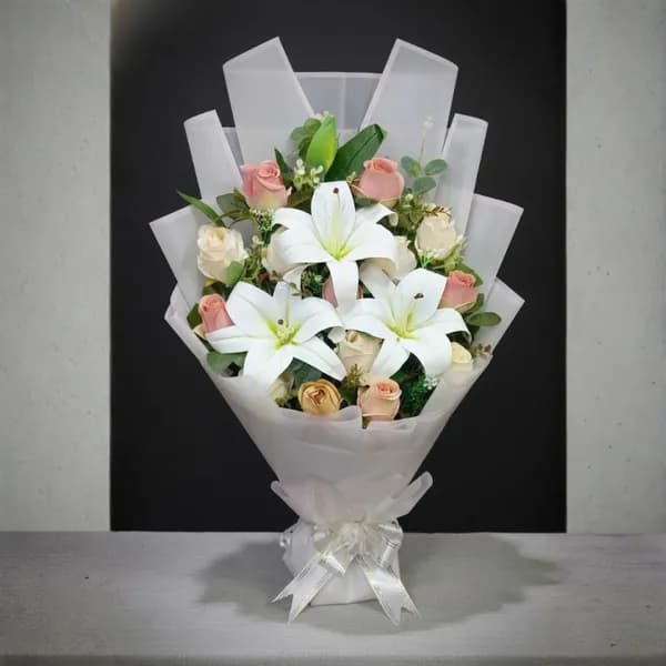 Classic Harmony Artificial White Lily and Pink Rose Stand Bouquet