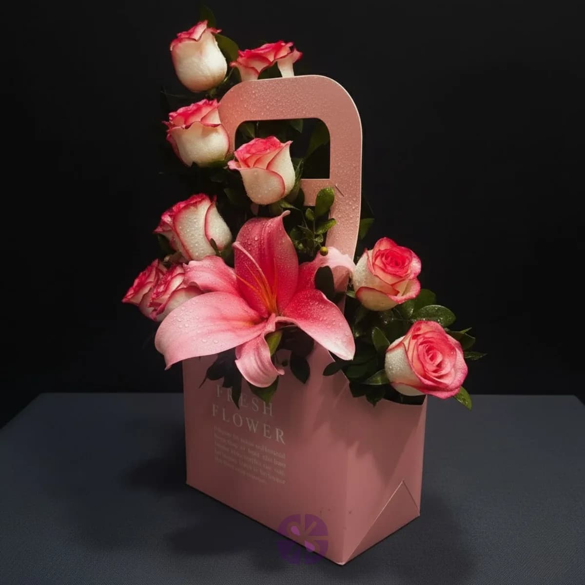 Charming Pink Flower Bag with Shaded Roses & Chinese Pink Lily