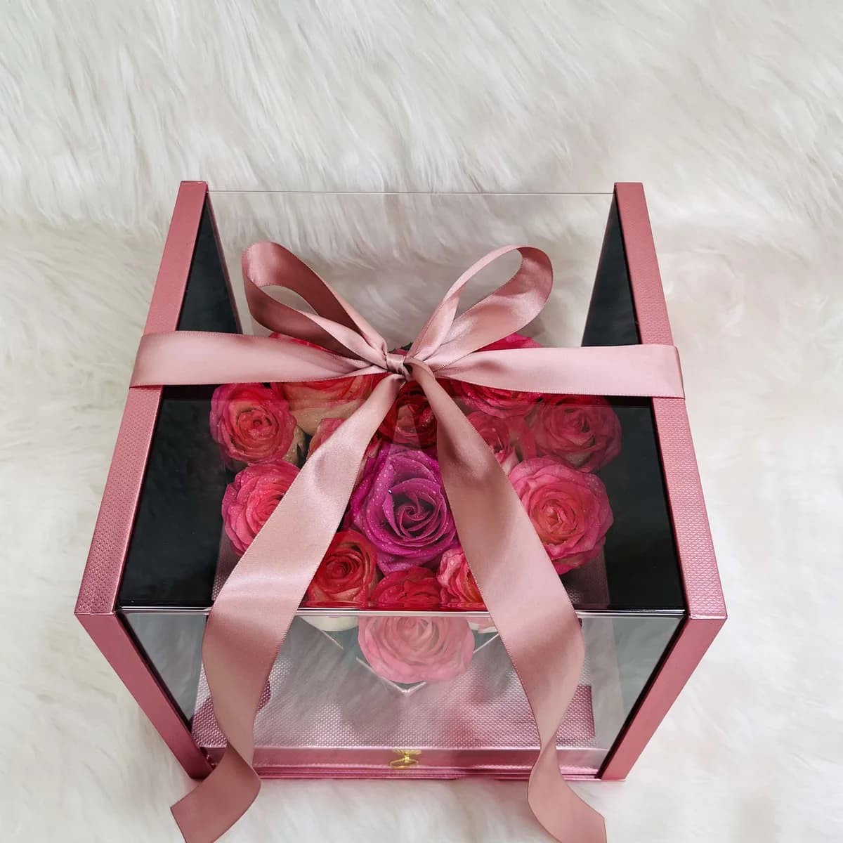 Pink Rose Heart in Luxury Acrylic Window Box with Hidden Ferrero Drawer
