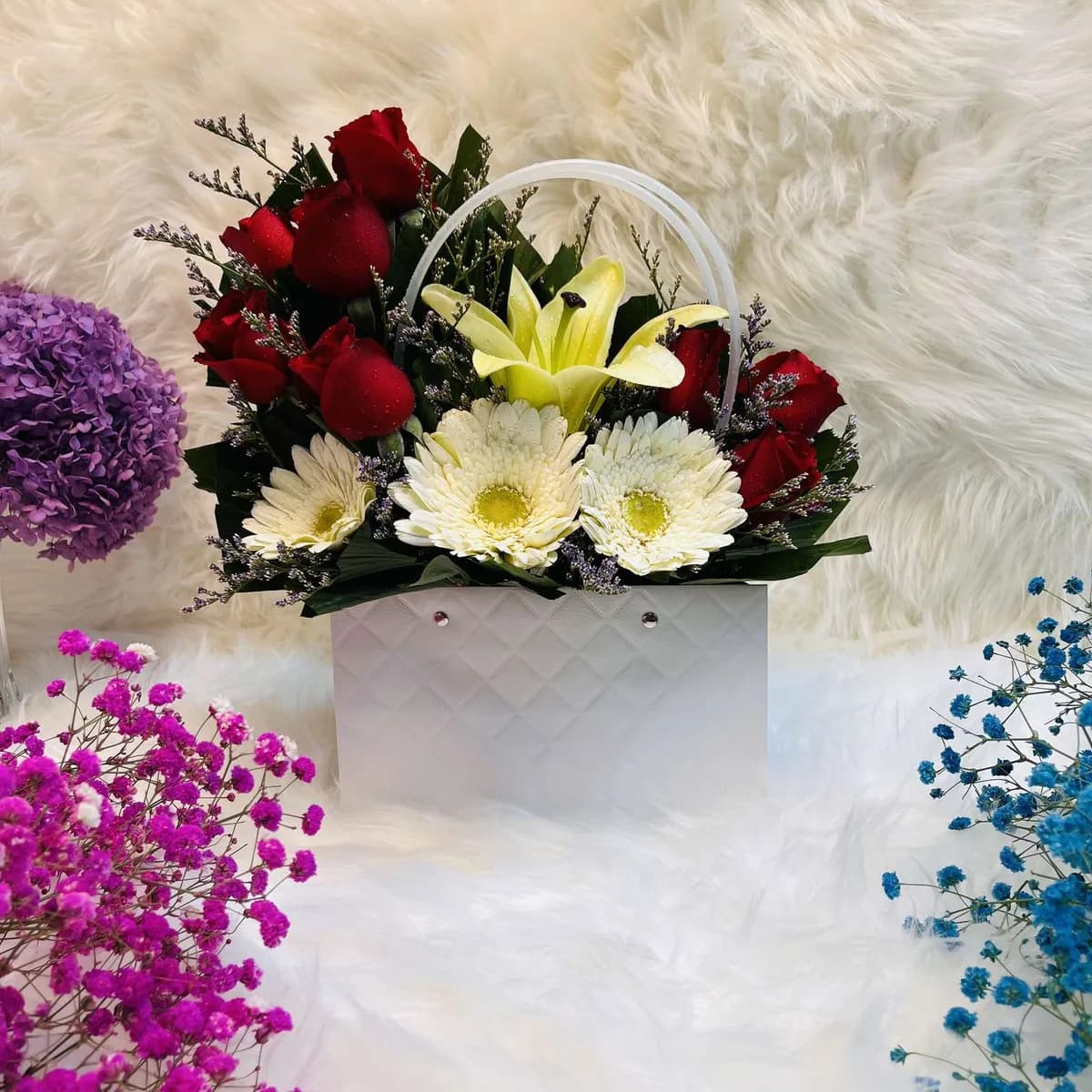 Red Rose, Yellow Lily & White Gerbera in Quilted White Gift Bag