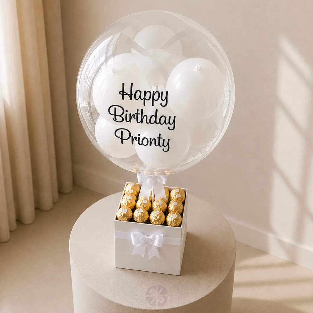 Elegant White Balloon Box with Ferrero Rocher