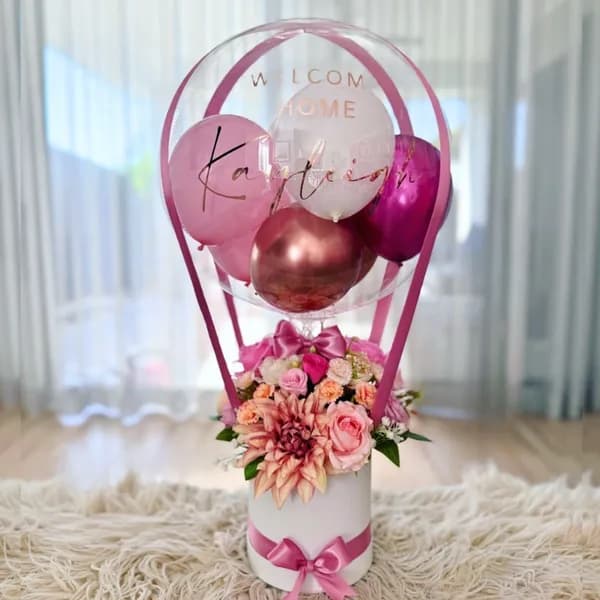 Welcome Home Balloon Flower Hamper – Personalized Pink Hot Air Balloon Gift with Silk Flowers