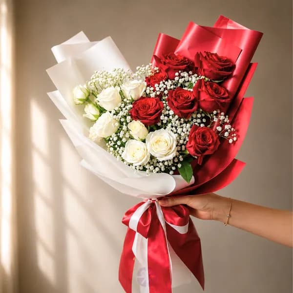 Premium Red and White Rose Fusion Hand Bouquet
