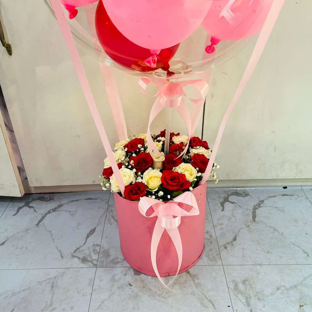 The Celebration Lift Personalized Balloon, Rose & Chocolate Bucket Combo