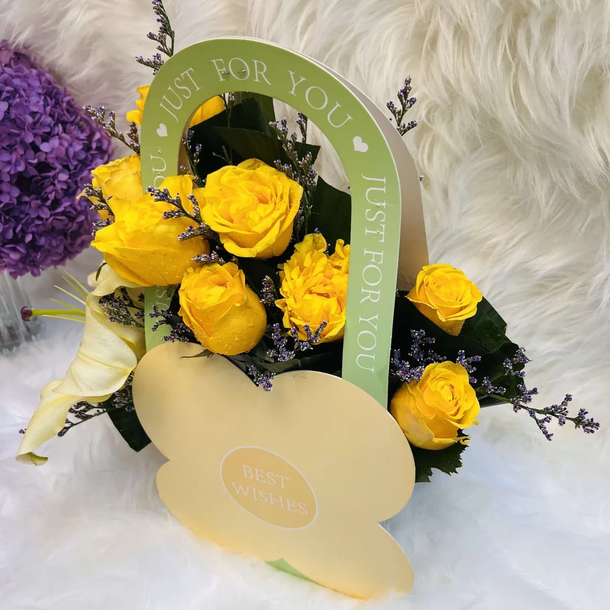 Yellow Lily & Rose Arrangement in Flower-Shaped Hanging Bag