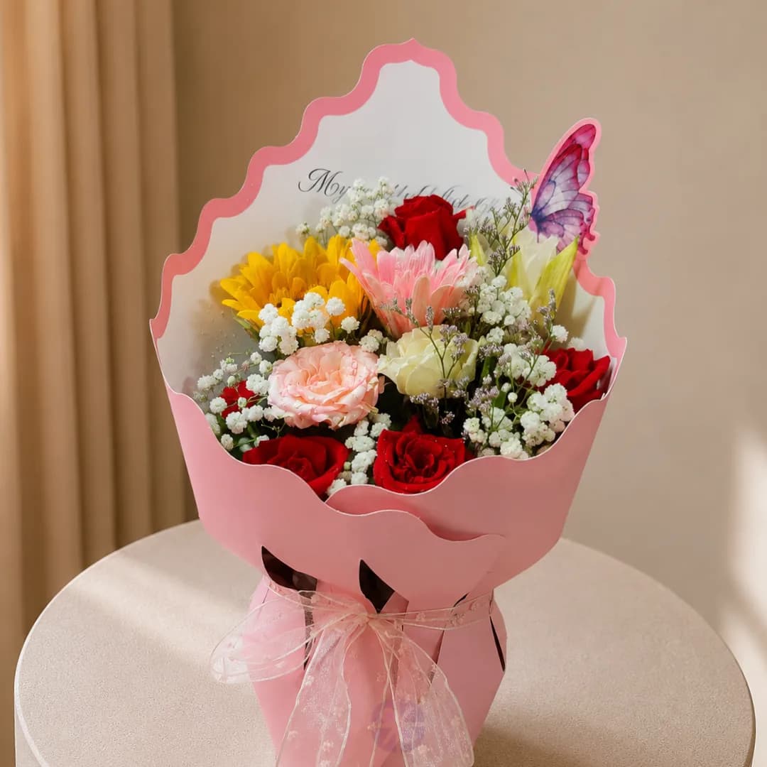 Premium Mixed Fresh Flower Butterfly Bouquet in Pink Crown Wrap