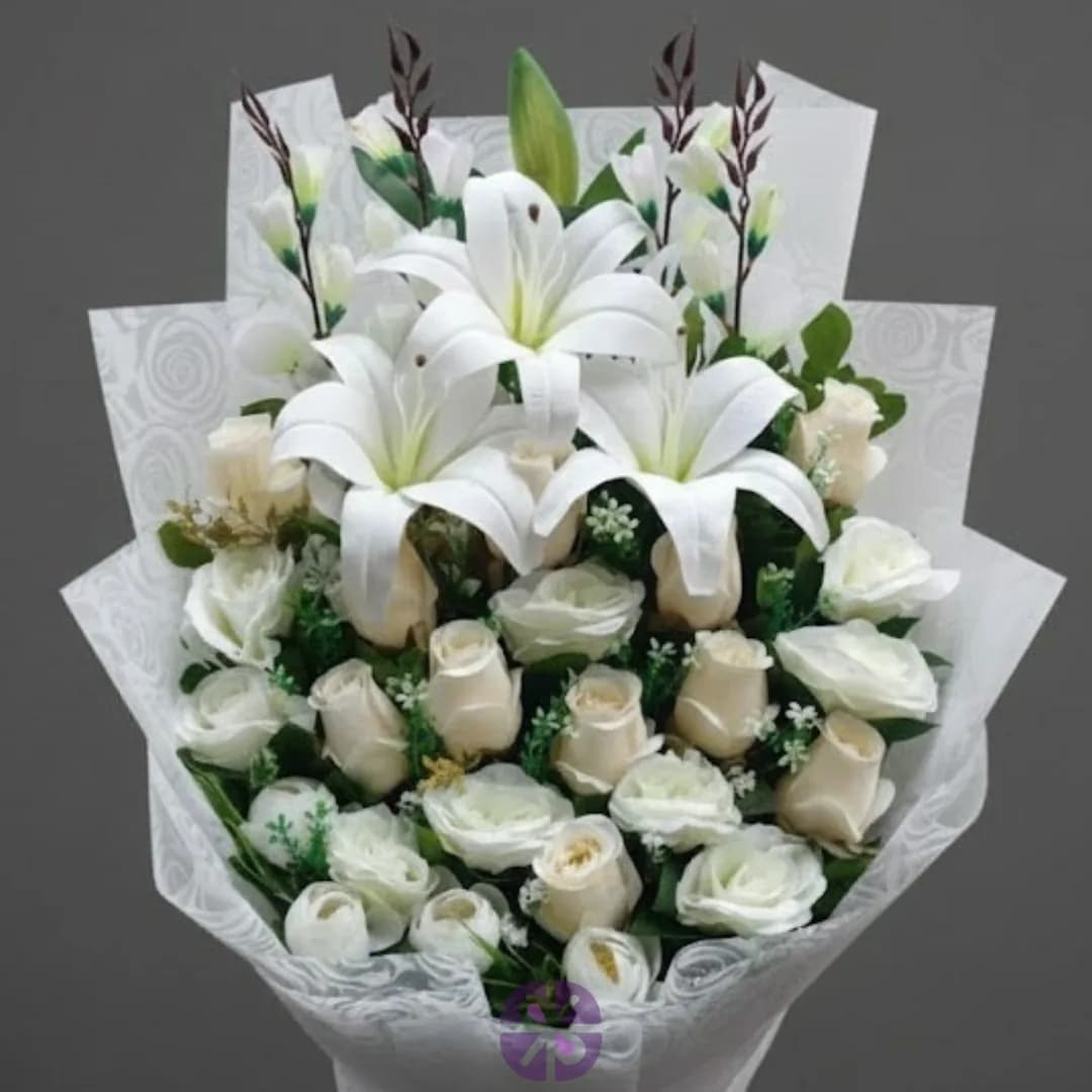 Gentle Affection Artificial White Lily and White Rose Stand Bouquet