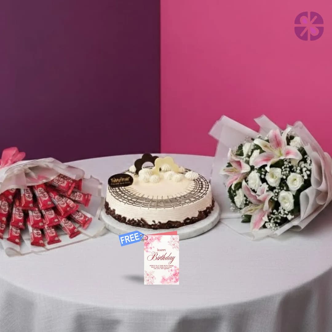 Triple Delight: Fresh Lily/Rose Bouquet, Kit Kat Bouquet & Cake Combo