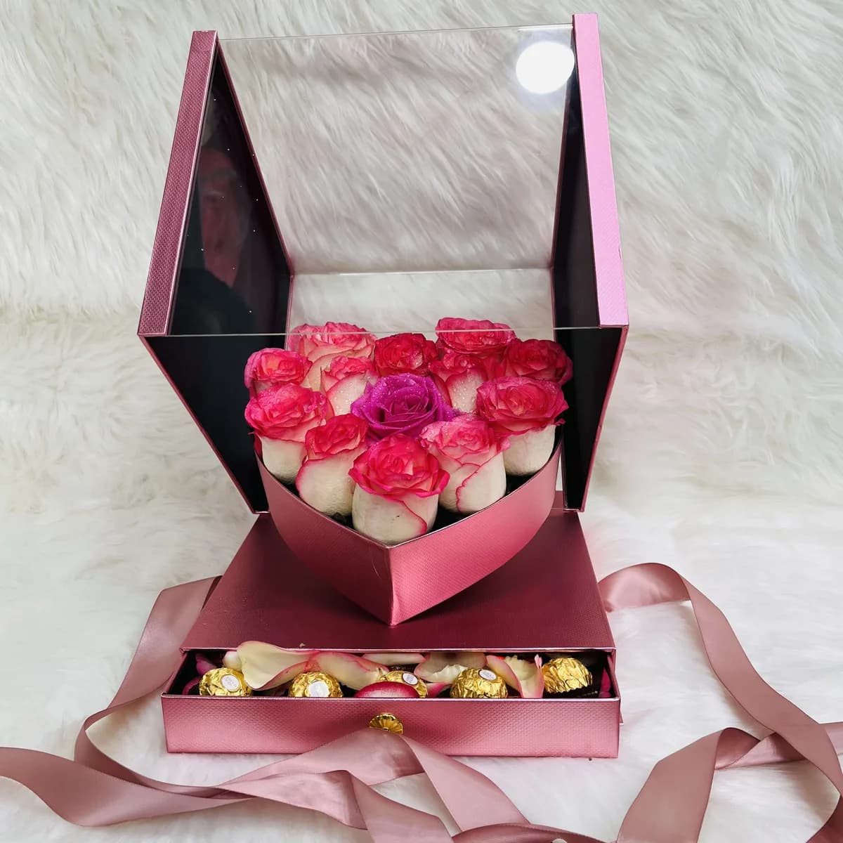 Pink Rose Heart in Luxury Acrylic Window Box with Hidden Ferrero Drawer