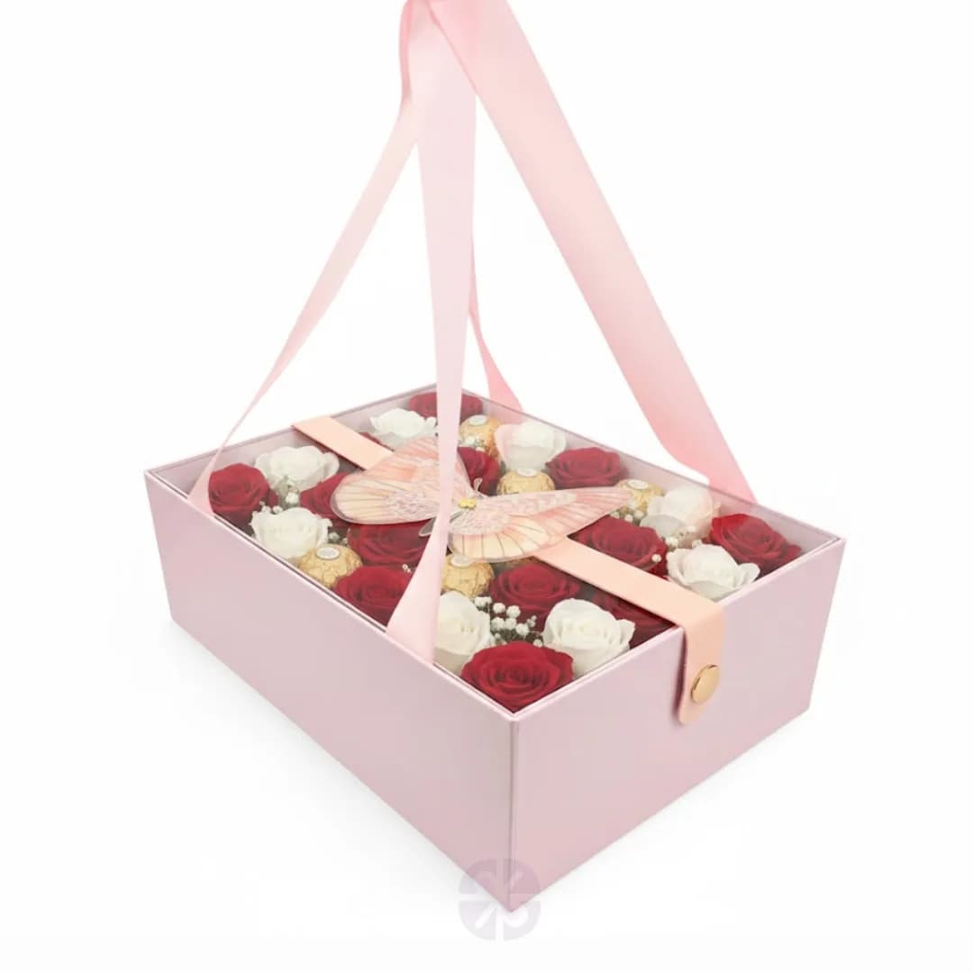 Red and White Rose with Ferrero Rocher in Luxury Pink Butterfly Box