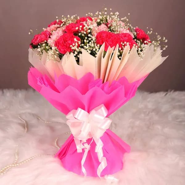Elegant Pink Carnation Bouquet – Wrapped in White & Hot Pink Paper with Satin Bow