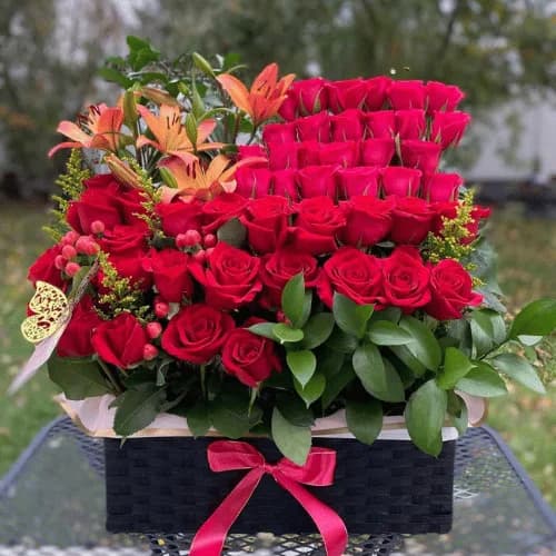 Premium Red Rose Basket Arrangement with Lilies & Greenery