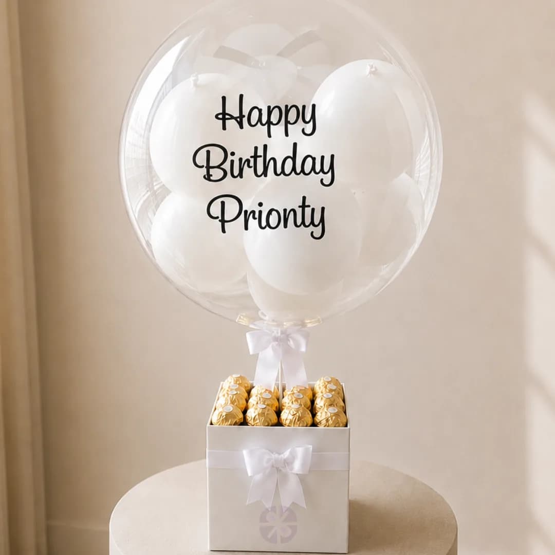 Elegant White Balloon Box with Ferrero Rocher