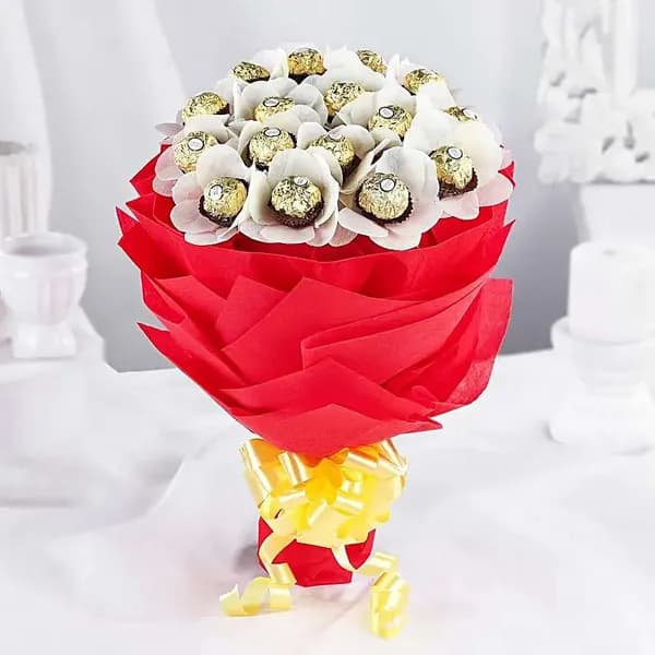 Elegant Ferrero Rocher Chocolate Bouquet in Red & White Wrap