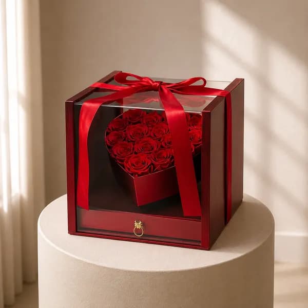 Luxury Transparent Acrylic Square Gift Box with Red Rose Heart and Hidden Drawer