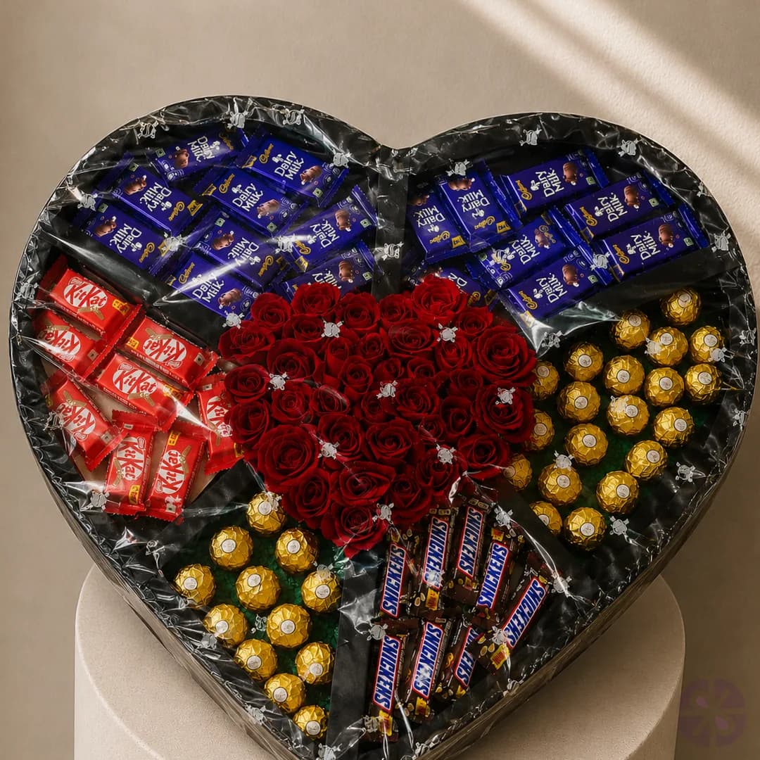 Premium Red Rose & Mixed Chocolate Heart Shape Gift Box