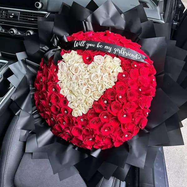 Heart-Shaped Rose Bouquet – Red & White Roses with Black Wrap