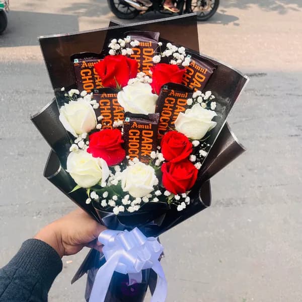 Premium 6 Amul Dark Chocolate and 10 Red & White Rose Fusion Bouquet
