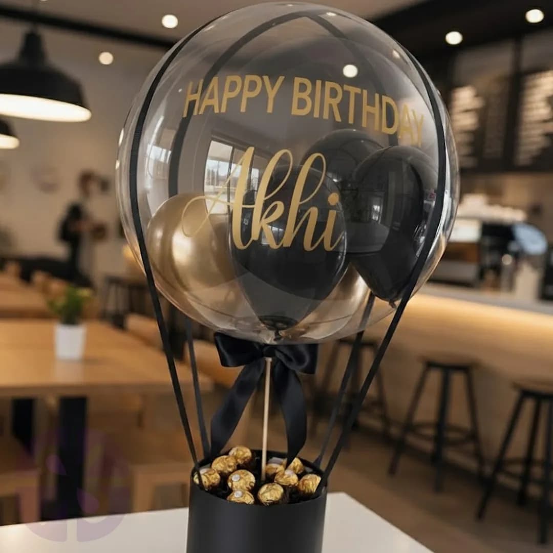Black & Gold Mix Air Balloon Bouquet with Ferrero Rocher Chocolates