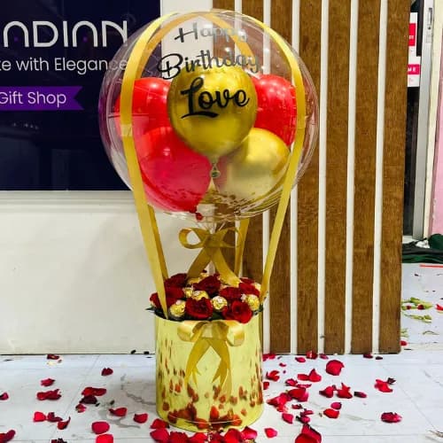The Golden Celebration Personalized Bubble Balloon & Rose Box