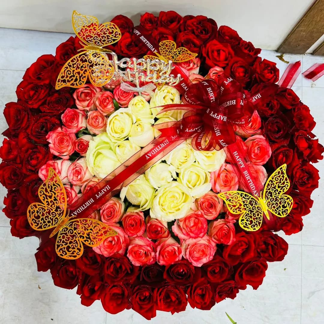 Premium Red, Shade Pink & White Rose Round Basket