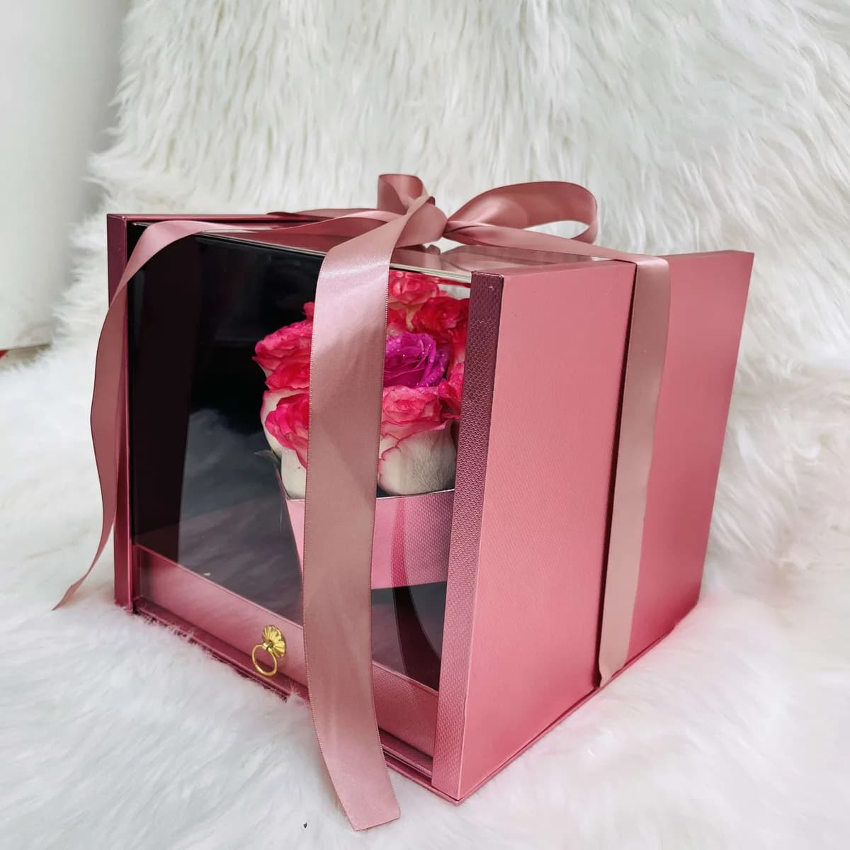 Pink Rose Heart in Luxury Acrylic Window Box with Hidden Ferrero Drawer
